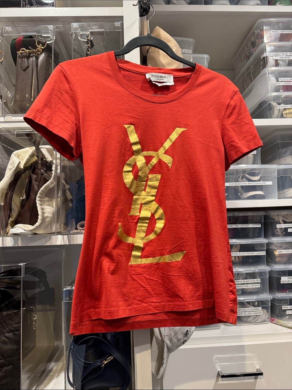 Yves Saint Laurent Red Tee with Metallic Gold YSL Monogram
